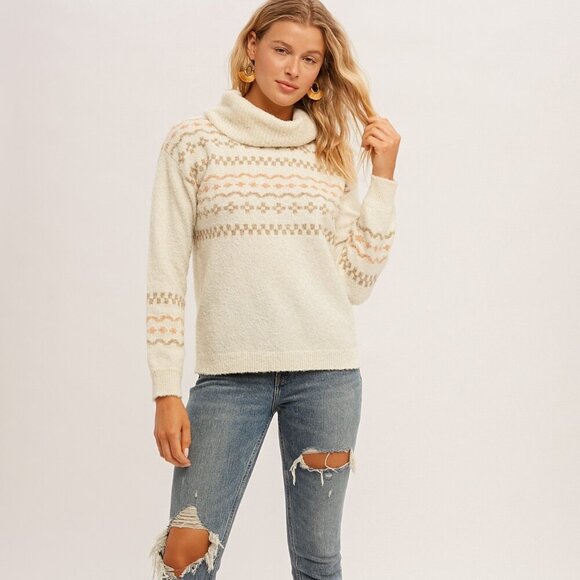 BOUTIQUE HEM & THREAD Fair Isle Turtleneck Sweater Ivory Beige Knit Pullover - Picture 5 of 8
